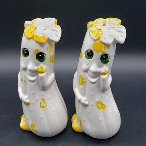 MCM Anthropomorphic White Yellow Cucumber Ceramic Salt & Pepper Shaker AS IS